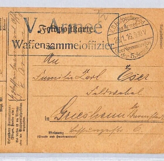 GERMANY WW1 Card Military FPO 5th Army 1916 Unit Cachet {samwells-covers}ZV78 - Image 1 of 4