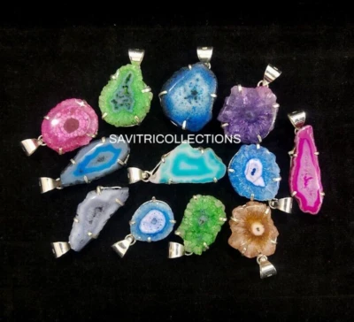 Mix Quartz Druzy Gemstone 92.5 Silver Plated Wholesale Pendant Lot Bulk Jewelry - Image 1 of 4