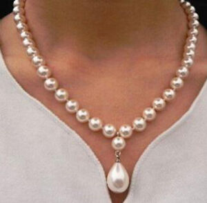 Long 14"- 24" 8mm Round South Sea Shell Pearl 12x16mm Drop Pendant Necklace AAA+