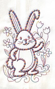 TOALLA DE PLATO DE SACO DE HARINA BORDADA CONEJITO MÁQUINA DE DOODLE PASCUA - Imagen 1 de 2