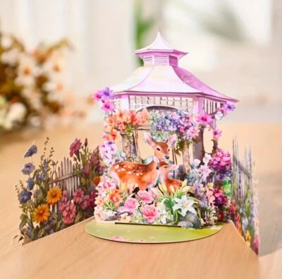 1pc 3D Pop up Card Spring Garden Deer-Mothers Day, Birthday, Or Anniversary Gift - Image 1 of 2