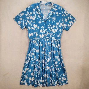 Vtg Blue Floral Collar Secretary Button Pleated Fit Flare Womens Dress Size XL - Picture 1 of 19