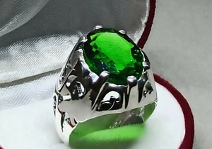 Oval Cut 10 Carat Deep Green Peridot Sterling Silver 925 Handmade Beryl Men Ring - Picture 1 of 12