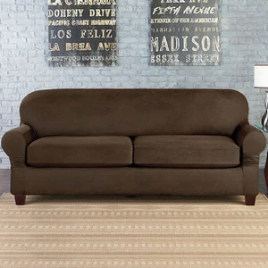NEW Sure Fit Suede brown vegan leather Sofa Slipcover 2 cushion style t or box - Picture 1 of 2