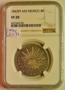 mw21174 Mexico; Silver 4 Reales 1843 Pi AM  NGC VF20  KM#375.8 - Picture 1 of 4