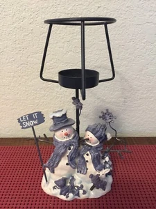 Christmas Snowman Couple Candle Holder "LET IT SNOW" 8" H x 5" W Tea Light (#A4) - Picture 1 of 7