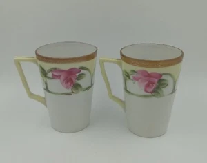 2 Antique E-OH NIPPON China Tea,coffee Cups Hand Painted Pink Roses Gold Gilt  - Picture 1 of 14