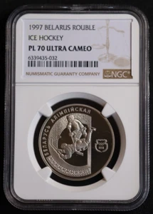 1997 Belarus Hockey 1 Rouble - Proof Like - NGC PL 70 Ultra Cameo - Picture 1 of 5