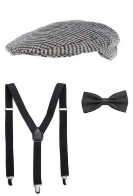 WHATCHUSEEK Tommy Shelby Peaky Blinders Fancy Dress Flat Cap Hat Bow Tie Braces 3pc Kit Set