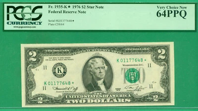 US 1976  2 Dollars  "K" STAR  (PCGS 64)  World paper money currency banknotes - Image 1 of 3