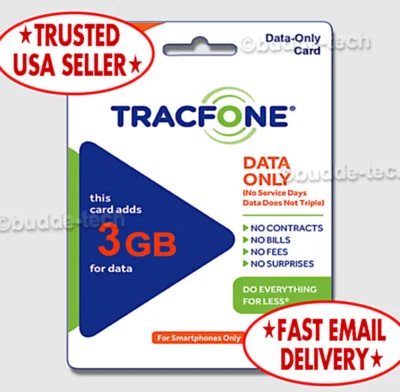 Tarjeta de tiempo de aire de recarga rápida TracFone 3 GB SOLO DATOS PIN # número teléfono inteligente Foto 1 de 4