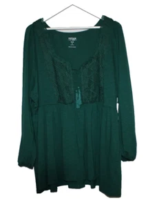 TORRID Blouse Womens 3 Tassled Green Babydoll Peasant Pullover Vintage Slub Top - Picture 1 of 16