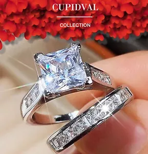 2.5 CARATS PRINCESS CUT 925 STERLING SILVER CUBIC ZIRCONIA BRIDAL SET ENGAGEMENT - Picture 1 of 8