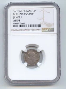 England, 1687/6 3 Pence, James II, ESC-1983, NGC AU-58, Top Pop - Picture 1 of 2