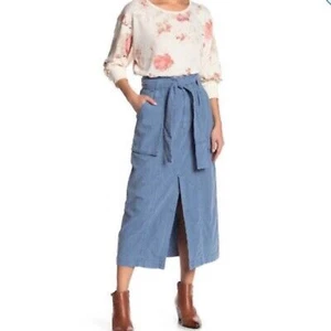 Free People NWT Catching Feelings Belted Midi Skirt Pockets Blueberry Pie 8 New - Picture 1 of 11