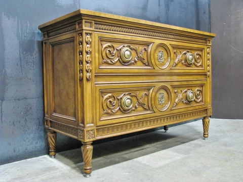 Stunning Karges Louis XVI Walnut Chest; Hand-Carved Detail; Neoclassic Frieze Cover