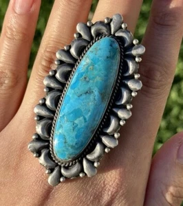 Native American 925 Sterling Silver Turquoise Ring. Size 8. Signed Gift - Picture 1 of 12