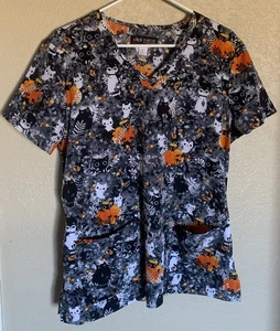 Koi Halloween Planet Cat Fall Pumpkins Scrub Top Uniform L Excellent - Picture 1 of 6