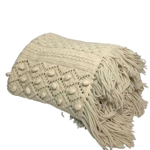 Handknit Thick Wool Blend Throw Blanket With Fringe 70 X 60 Cottagecore - Picture 1 of 18