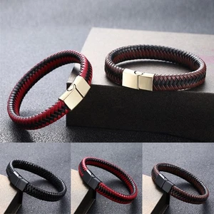 Mens Red Gold Bracelet Leather Wristband Black Brown Boy Magnetic Buckle - Picture 1 of 14