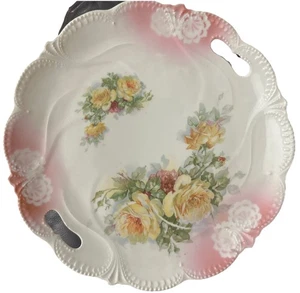 Antique Cake Plate Germany Roses Yellow Pink Porcelain Cottagecore 10” - Picture 1 of 4