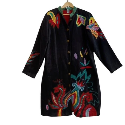 Индиго Moon черный бархат длинное пальто со смелым цвет украшения XL - Preloved - Изображение 1 из 4