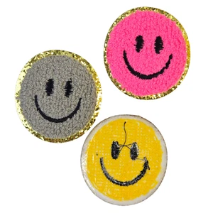 Set of 3 Retro Iron-On Chenille Patches – Smiley Faces - Grey, Blue, Pink Smile - Picture 1 of 3