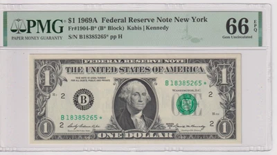 Fr 1904-B* 1969A $1 FRN B18385265* PMG 66EPQ NEW YORK 1969-A SERIES GREEN SEAL - Image 1 of 2