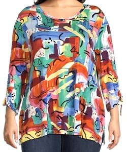 Ali Miles Talla 1X Top Cuello en V 3/4 Pulgadas Multicolor Tejido Estampado Abstracto NUEVO - Imagen 1 de 7