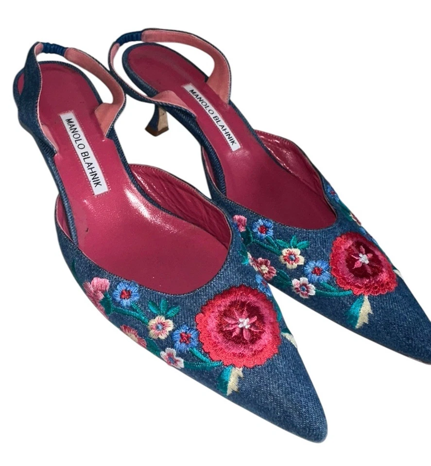 Manolo Blahnik Mujer Carolyne 50 Denim Fauna Floral Tacones Talla 39.5 o 9.5 Foto 1 de 4