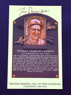 Tommy Lasorda Signed Autograph Hall Of Fame Plaque Postcard JSA - Image 1 of 3