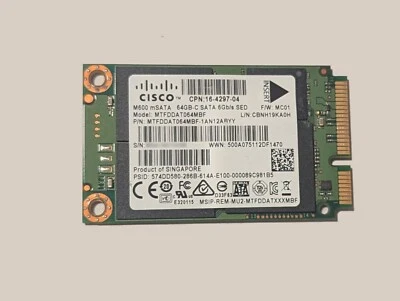 CISCO 16-4297-04 M600 64GB mSATA SSD for ASA5506 w Screws, Health 80%+ S.M.A.R.T - Image 1 of 2