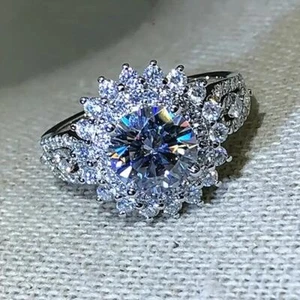 925 Silver Plated Round Shaped Crystal Zircon Ring For Women Anniversary Party - Picture 1 of 3