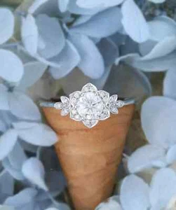 2.50 CT Round Cut Real Moissanite Flower Engagement Ring 14k White Gold Plated - Picture 1 of 5