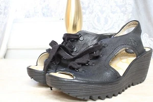 FLY London - Leather Lace-up Wedge Sandals Yifa - Black - EU 37 US 6 - 6.5 - Picture 1 of 12