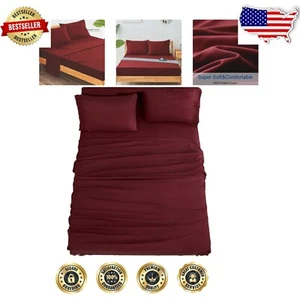 4-Piece Burgundy Bed Sheet Set - Hypoallergenic Microfiber for Deep Mattresses - Picture 1 of 10