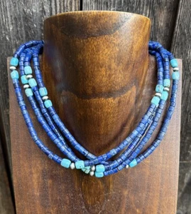 Sterling Silver Multi Strand Lapis Turquoise Pearls Choker Bead Necklace 14 inch - Picture 1 of 12