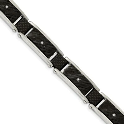 Stainless Steel Polished Blk IP w/CZ and Black Carbon Fiber 8.75in Bracelet - Image 1 of 4