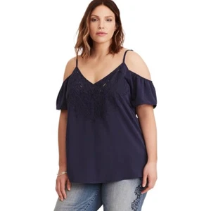 Blusa Top Torrid Mujer Talla Grande XXL (3) Azul Bordado Hombro Frío  - Imagen 1 de 4