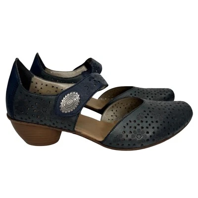 Rieker Antiestrés Corte Láser Cuero Azul Cómodo Mary Jane Tacones Correa Fácil Talla 9 Foto 1 de 4