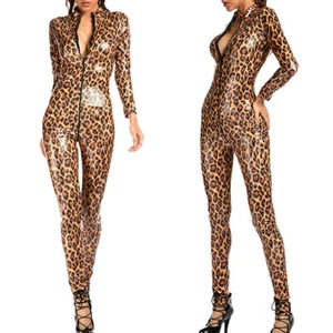 Women Zipper Shiny Wetlook Catsuit Faux Leather Bodysuit Leopard Romper Jumpsuit - Picture 1 of 10