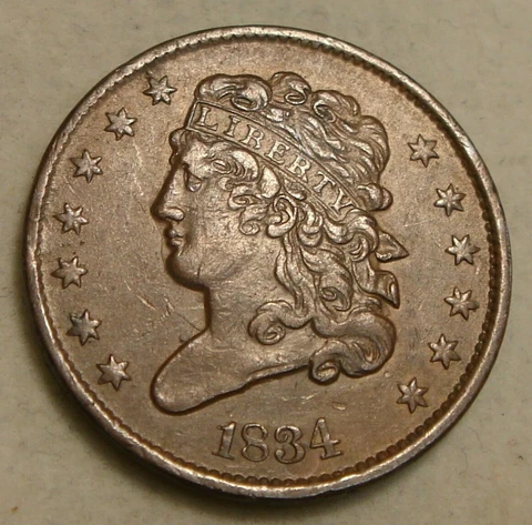 1834 Classic Head Half Cent Coin AU Brown Cover
