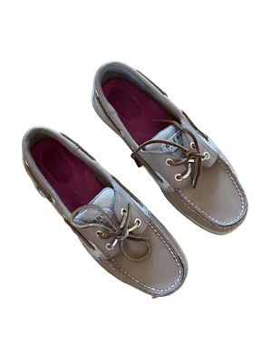 Sperry womens Beige 2 Eyelet Leeward Leather Lace Up Moc Toe Boat Shoes Size 8.5 - Image 1 of 4