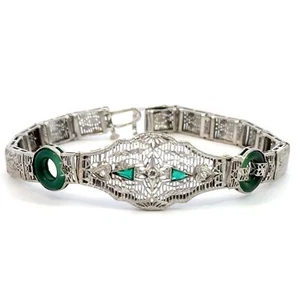 Vintage 14K White Gold Jade And Emerald Diamond Bracelet 6.75 Inch - J111 - Picture 1 of 9