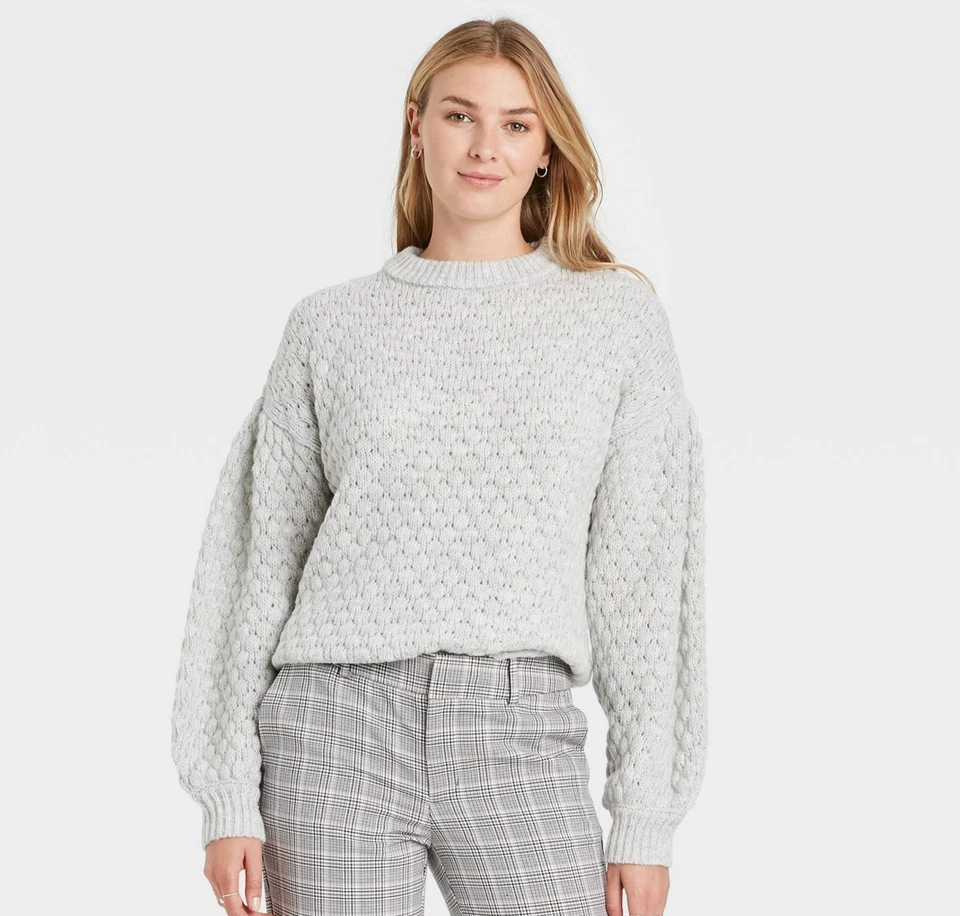 a Day Women's Crewneck Textured Pullover Sweater Grey Size Medium