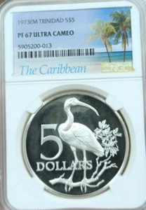 1973 TRINIDAD & TABAGO SILVER 5 DOLLARS SCARLET IBIS NGC PF 67 ULTRA CAMEO - Picture 1 of 4