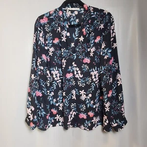 VIOLET CLAIRE Blouse Woman XL Navy Blue Floral Semi Sheer Long Sleeve Button Up  - Picture 1 of 11
