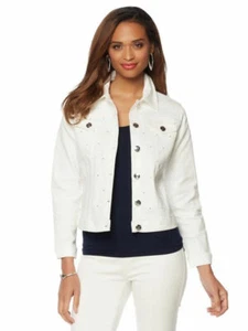 DG2 BY DIANE GILMAN Size XS Jeweled Denim Jacket Button Long Sleeves WHITE - Picture 1 of 1
