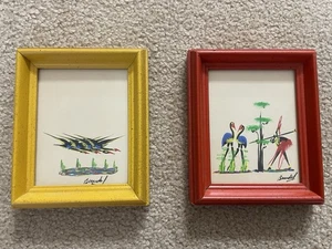 Dipinti arte popolare africana lotto di 2 uccellini incorniciati firmati a guazzo 6,25x5,25” - Foto 1 di 4