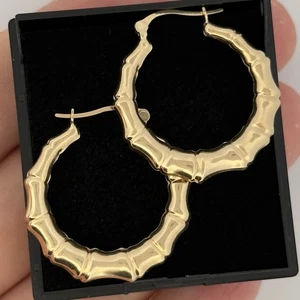 9ct Yellow Gold Bamboo Style Creole Hoop Earrings 30mm x 28mm - Picture 1 of 7